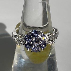 Tanzanite and Natural White Topaz Floral Ring -- Size 5
